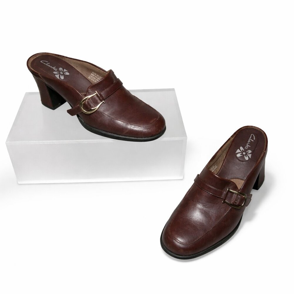 CLARKS Brown Leather Slip-On Clogs Mules Shoes 7.5